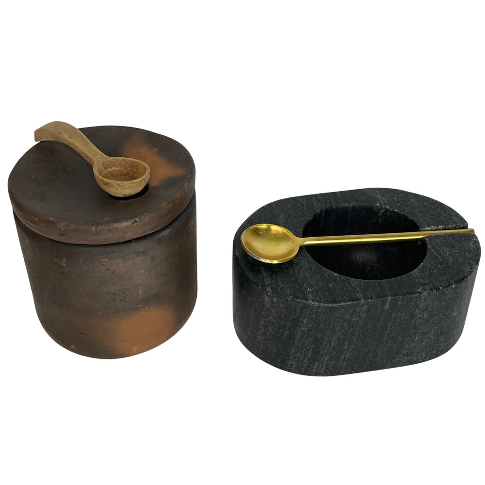 Artisanal Salt Cellar Set Smoke Fired‎ Clay and Carved Stone with Spoons